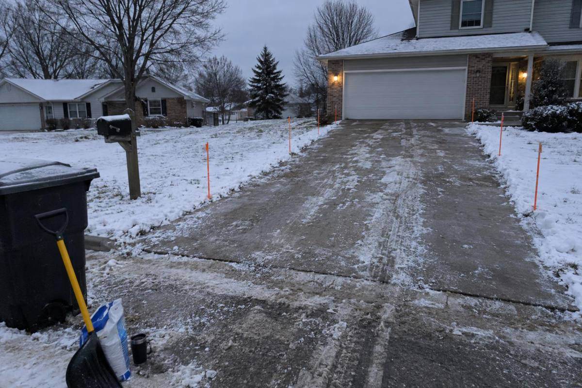 Orange driveway marker stakes lining both edges of a long asphalt driveway under fresh snow, a trash can and shovel at the near end and a two-story house with an attached garage at the far end