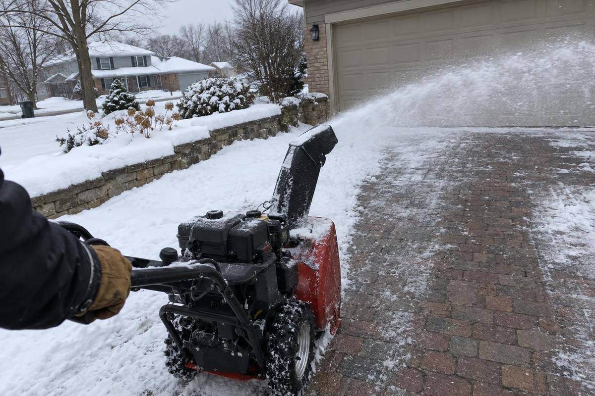 A walk-behind snowblower on a brick paver driveway, a plume of snow arcing onto the lawn beside it and a garage door behind